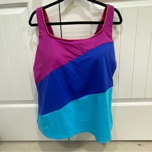 Lands End Women's 20W Tankini Swimsuit Top Blue Purple Block Square Neck Stretch